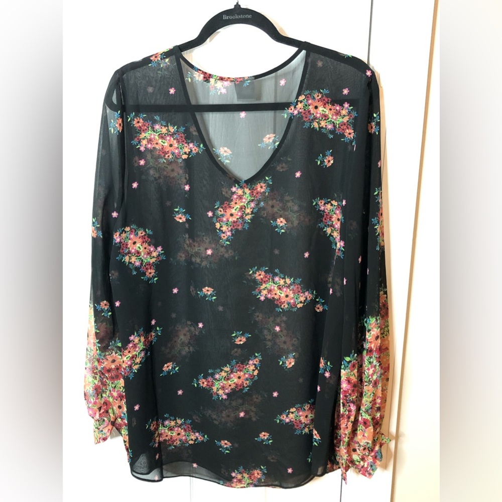 Cabi Style 3594 - Semi Sheer VNeck Black Floral Blouse
